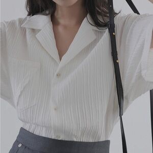 White Textured Button-Up Blouse